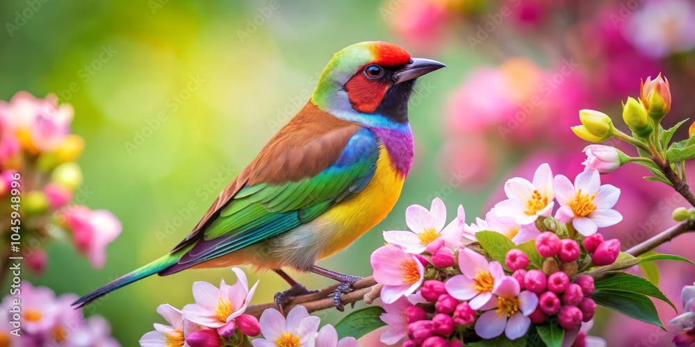 Fototapeta premium Colorful Bird Perched on Pink Flowers, Close-up , Nature , Wildlife