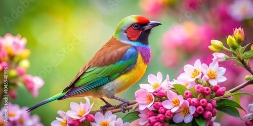 Colorful Bird Perched on Pink Flowers, Close-up , Nature , Wildlife