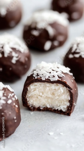 Crafted coconut and chocolate candies arranged on a light gray background showcasing delectable textures and flavors