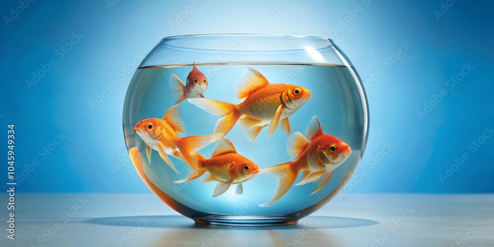 Four Goldfish Swimming in a Glass Bowl Against a Blue Background, fish bowl, goldfish Four Goldfish Swimming in a Glass Bowl Against a Blue Background, fish bowl, goldfish