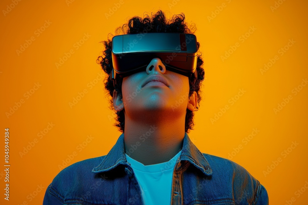 The young woman is experiencing virtual reality through modern goggles The young woman is experiencing virtual reality through modern goggles
