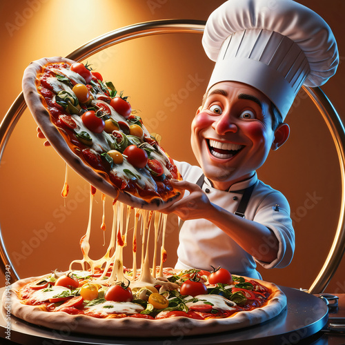 3d rendered chef making largesize Italian pizza with style of cooking cheesy loaded
 photo