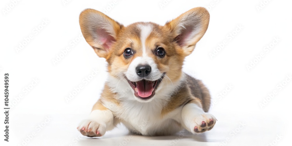 Obraz premium Happy Welsh Corgi Puppy With Big Ears, White Background, Animal Photography, Dog, Puppy ,welsh corgi, puppy