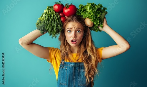 Overwhelmed woman choosing healthy food over blue background