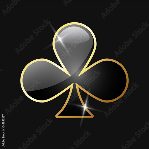Shining playing card suit club with golden frame and sparkles isolated on dark background.