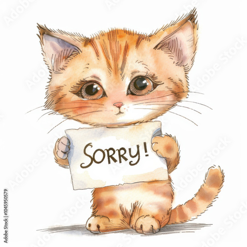 Cute orange kitty with a paper card. Text "Sorry!" written on a white card. Watercolor illustration. White background.