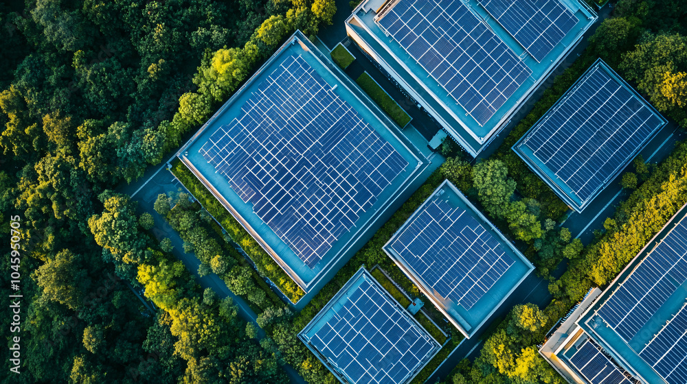 Aerial view of a large-scale data center powered by sustainable energy with solar panels on the roof Aerial view of a large-scale data center powered by sustainable energy with solar panels on the roof