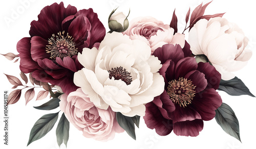 Watercolor burgundy flowers. Floral peony bouquet clipart. Generative AI.