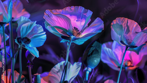 Neon-lit flowers glowing under ultraviolet light
