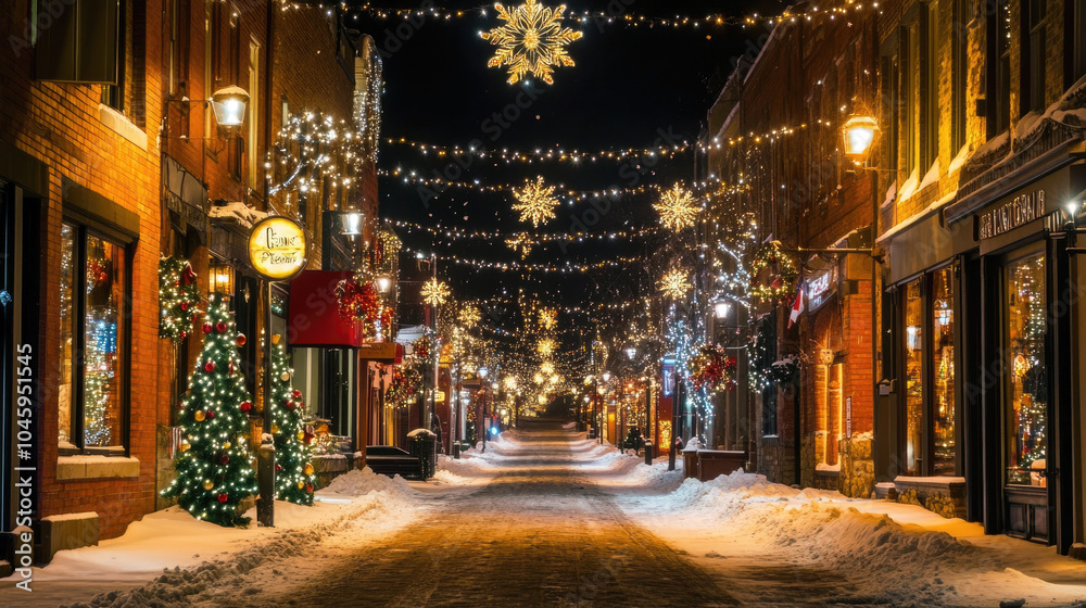 Street and houses decorated for Christmas, city road and buildings covered with snow in winter at night. Concept of New Year, ski resort lights, holiday