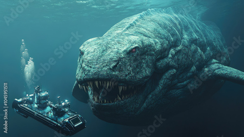 Scary monster and deep-sea vehicle underwater, prehistoric marine predator hunts in ocean. Concept of horror, fantasy, depth, water photo