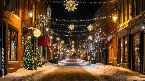 Obraz na płótnie Street and houses decorated for Christmas, city road and buildings covered with snow in winter at night. Concept of New Year, ski resort lights, holiday w salonie