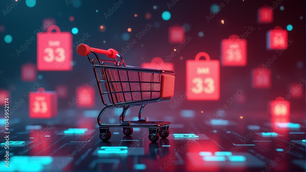 Shopping cart on a digital background with red sale tags, symbolizing online retail and discounts.