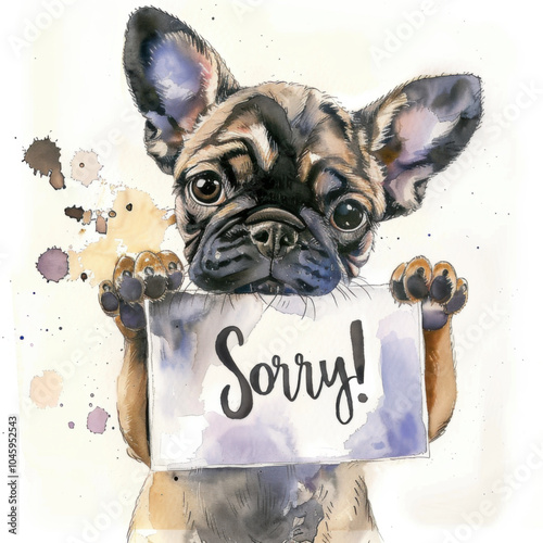 Cute puppy holding in a paws a paper card, text "Sorry!" written on a white card. Watercolor illustration, white background.