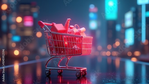 A shopping cart filled with colorful boxes glows under neon lights on a wet urban street, capturing a vibrant city night scene.