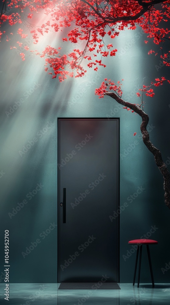 Minimalist Doorway with Red Flowers and Stool Minimalist Doorway with Red Flowers and Stool