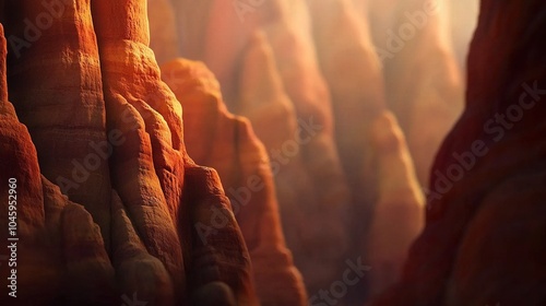  A close-up photo of a rock formation with sunlight illuminating the top and bottom of the rocks