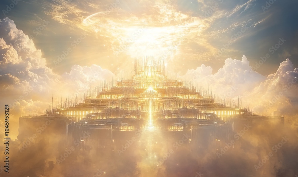 Obraz premium The holy city descending from the heavens, depicted with futuristic architecture and radiant with divine light, set against a backdrop of a new heaven and a new earth, with copy spac