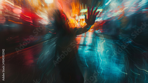 Abstract silhouette of a person reaching out amidst vibrant, neon city lights with motion blur photo