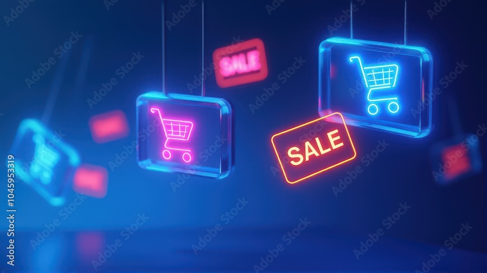 Fototapeta premium Neon shopping cart icons and vibrant 