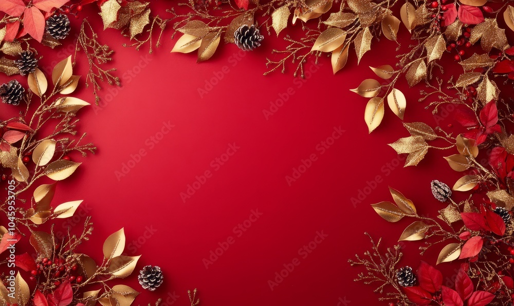 Red Christmas holiday background. Copy space for text with a garland of golden leaves and snowflakes. Design element for Christmas and New Year card Red Christmas holiday background. Copy space for text with a garland of golden leaves and snowflakes. Design element for Christmas and New Year card
