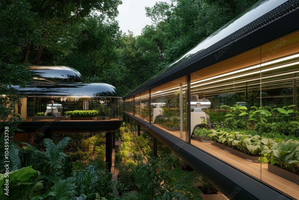 A futuristic greenhouse with sleek design and vertical gardens, surrounded by lush forest, embodies innovation and sustainability in agricultural spaces.