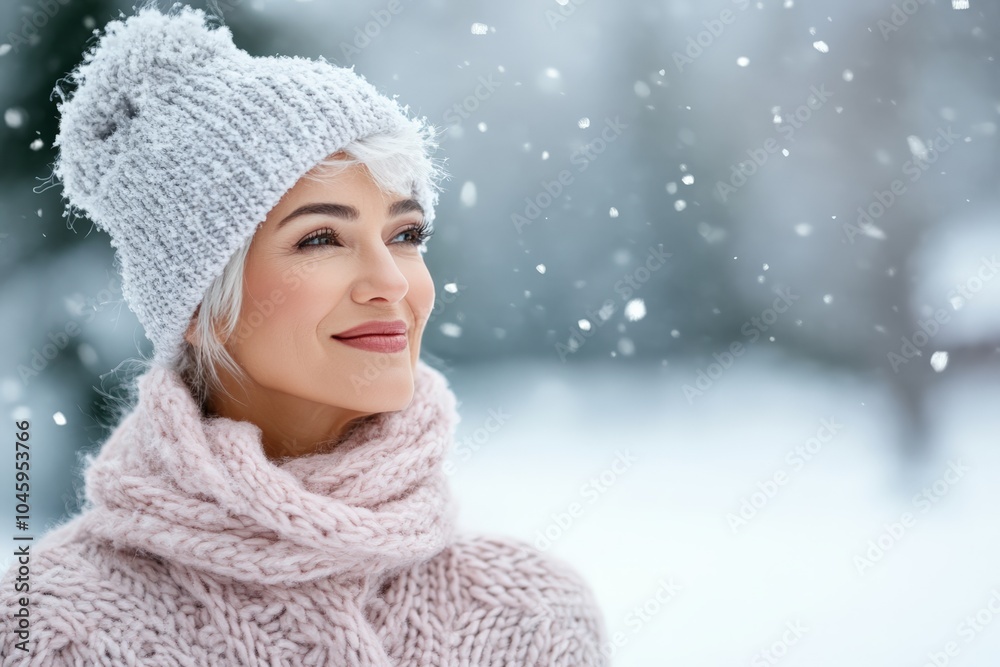 A graceful woman with white hair smiles as she looks upward, donning a knit hat and scarf amidst gently falling snowflakes in a bright snowy landscape photograph.