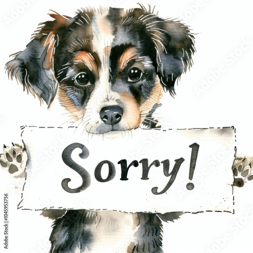 Cute puppy holding in a paws a paper card, text "Sorry!" written on a white card. Watercolor illustration, white background.