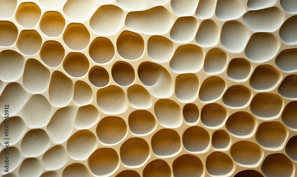 Soft curves of a honeycomb pattern in pale yellow against a smooth, dark background, creating an elegant and modern design aesthetic Soft curves of a honeycomb pattern in pale yellow against a smooth, dark background, creating an elegant and modern design aesthetic