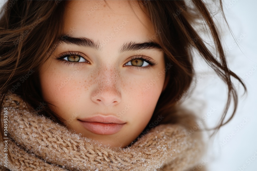 A close-up of a woman's face, surrounded by a cozy knit scarf, with an engaging gaze that draws attention, set against a snowy winter backdrop. A close-up of a woman's face, surrounded by a cozy knit scarf, with an engaging gaze that draws attention, set against a snowy winter backdrop.