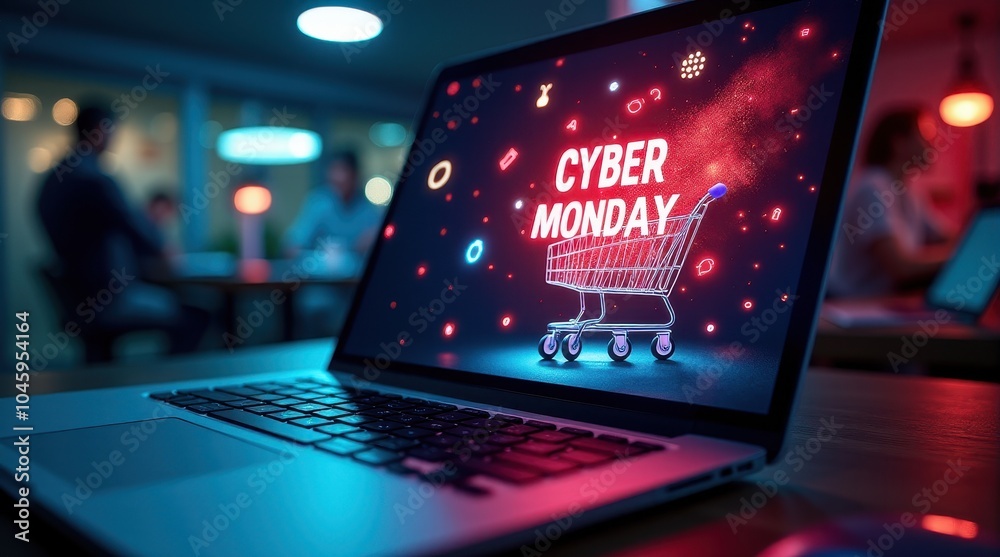Laptop screen displaying vibrant Cyber Monday shopping cart graphic in a dimly lit office environment, highlighting online shopping deals. Laptop screen displaying vibrant Cyber Monday shopping cart graphic in a dimly lit office environment, highlighting online shopping deals.