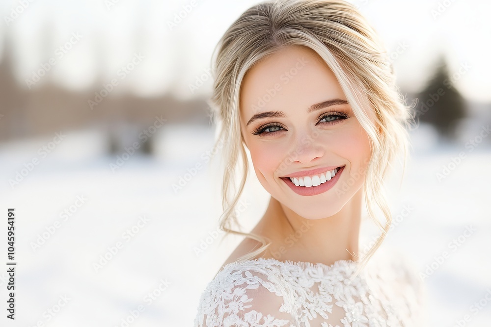 A cheerful bride with elegant hairstyle and dress, standing in a snowy landscape, captures the serene and joyful essence of a winter wedding scene. A cheerful bride with elegant hairstyle and dress, standing in a snowy landscape, captures the serene and joyful essence of a winter wedding scene.