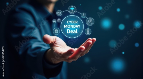 Hand showcasing a glowing "Cyber Monday Deal" hologram, surrounded by digital icons on a dark blue background.