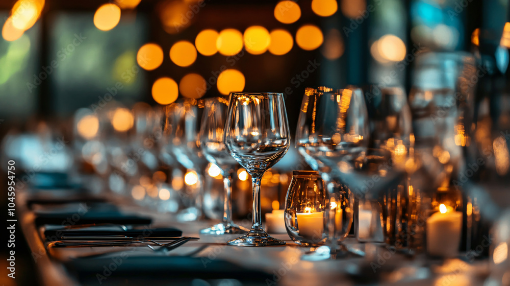Elegant corporate event venue with sophisticated table settings and ambient lighting Elegant corporate event venue with sophisticated table settings and ambient lighting