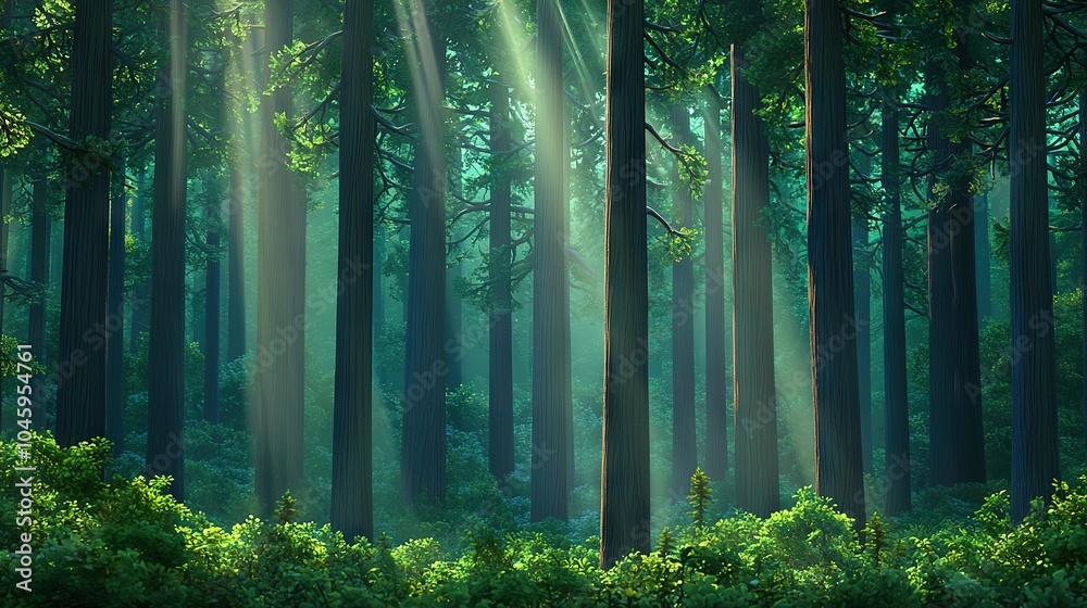 Obraz premium A lush forest brimming with towering emerald trees that bathe in radiant sunlight filtering through their leaves