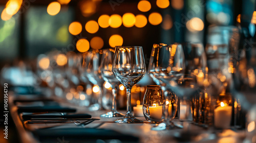 Elegant corporate event venue with sophisticated table settings and ambient lighting