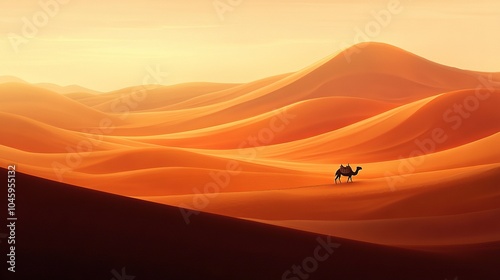  A desert landscape featuring a camel upfront and sandy dunes behind, with a picturesque sunset in the backdrop