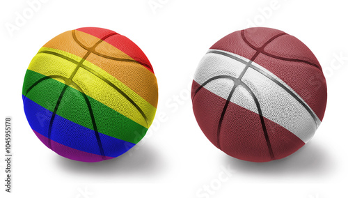 basketball balls with the rainbow gay pride flag and flag of latvia on the white background.