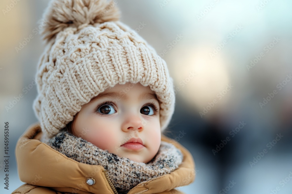 A cute child with big eyes gazes off-camera, wearing a knitted hat and cozy winter coat, wrapped in a soft scarf, capturing a tender moment in the snow. A cute child with big eyes gazes off-camera, wearing a knitted hat and cozy winter coat, wrapped in a soft scarf, capturing a tender moment in the snow.