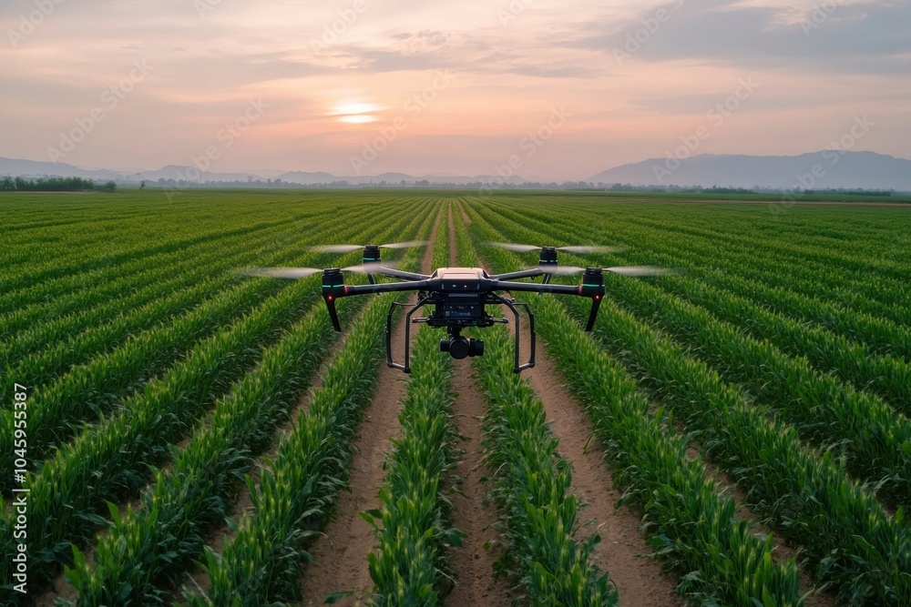 A drone sweeps over well-landscaped fields at sunset, showcasing the picturesque harmony between technology and farming in today's modern agrarian environments. A drone sweeps over well-landscaped fields at sunset, showcasing the picturesque harmony between technology and farming in today's modern agrarian environments.