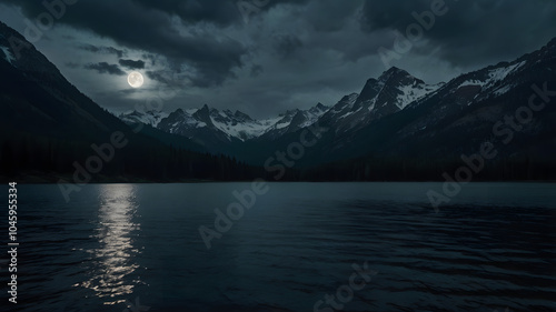 Mountain landscape by a lake under a dark, cloudy night sky, with the full moon illuminating the scene and its reflection on the water, creating a serene nature backdrop