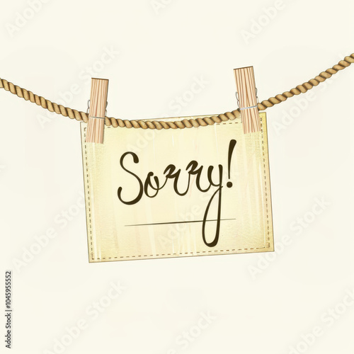 Text "Sorry!" written on a white card. Card on a rope with a clothespin. Modern illustration. White background