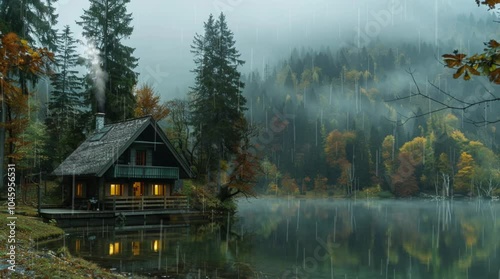 Cozy wooden house by misty lake on rainy day surrounded by peaceful forest  
Seamless looping 4k time-lapse virtual video animation Generated AI