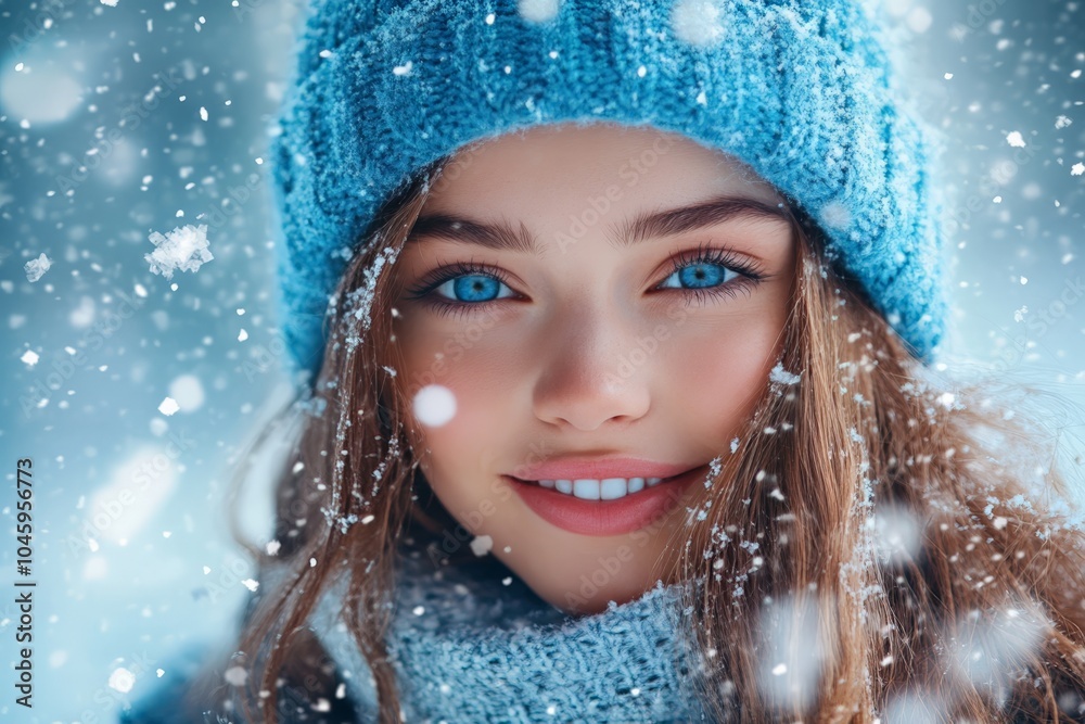 A young girl with bright blue eyes and a blue beanie smiles broadly, embodying youth and joy in a snowy setting, capturing the essence of winter fun and happiness. A young girl with bright blue eyes and a blue beanie smiles broadly, embodying youth and joy in a snowy setting, capturing the essence of winter fun and happiness.