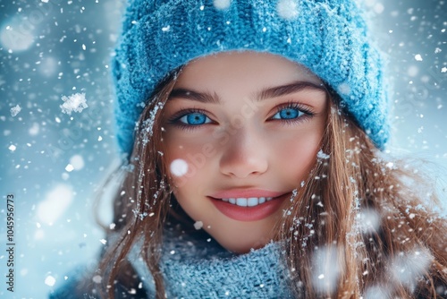 A young girl with bright blue eyes and a blue beanie smiles broadly, embodying youth and joy in a snowy setting, capturing the essence of winter fun and happiness.