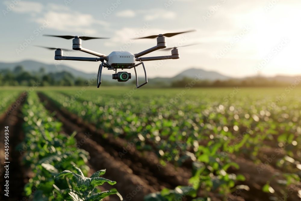 A small drone flies over a vast cultivated field under a warm sunset, representing the integration of advanced aerial technology in monitoring agricultural production. A small drone flies over a vast cultivated field under a warm sunset, representing the integration of advanced aerial technology in monitoring agricultural production.