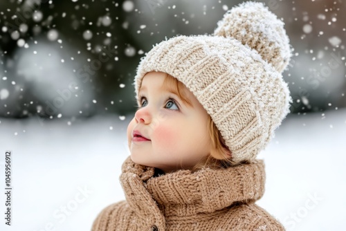 A young child bundled in warm winter clothing gazes in awe at the falling snow in a picturesque snowy environment, conveying wonder and innocence.