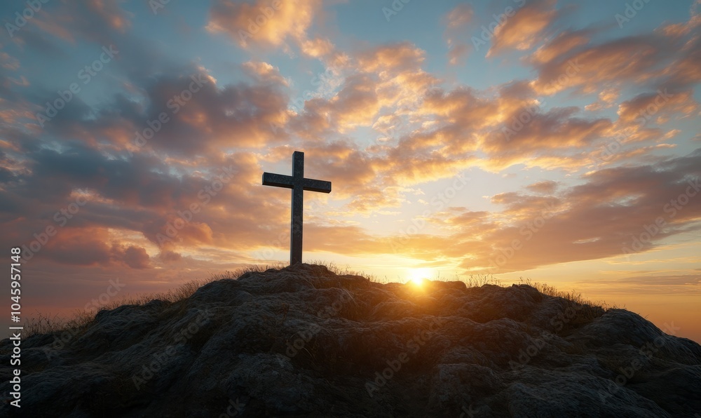 Shining cross on Calvary hill, sunrise, sunset sky background. Copy space. Ascension day concept. Christian Easter. Faith in Jesus Christ. Christianity. Church worship, salvation concept Shining cross on Calvary hill, sunrise, sunset sky background. Copy space. Ascension day concept. Christian Easter. Faith in Jesus Christ. Christianity. Church worship, salvation concept