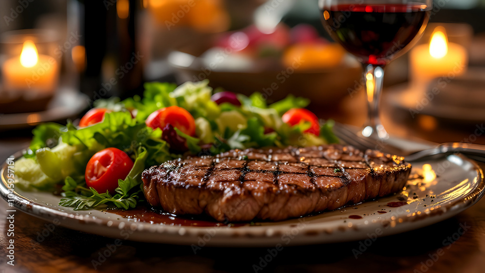 A delicious dinner of steak, salad, and red wine, beautifully arranged on a table with candlelight., Romantic Dinner for Two A delicious dinner of steak, salad, and red wine, beautifully arranged on a table with candlelight., Romantic Dinner for Two