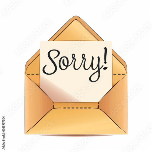 Text "Sorry!" written on a card inside an envelope letter. Simple vector illustration. White background.
